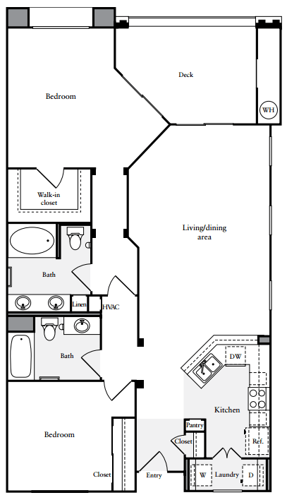 Two bedrooms two bathrooms apartment floorplan